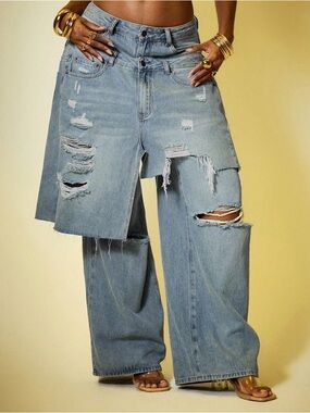 Distressed Light Blue Wide-Leg Jeans with Asymmetric Overlay Size 2XL NWT